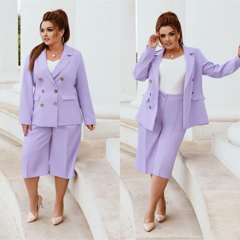 

Plus Size Mother of the Bride Suits Double Breasted Office Lady Wide Pants Suit Prom Party Wedding (Jacket+Pants)