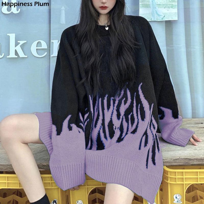 

Autumn Winter Harajuku Flame Knitting Batwing Sleeve Sweater Casual Long Women Tide Printed Loose Boyfriend Pullovers Women's Sweaters, Purple