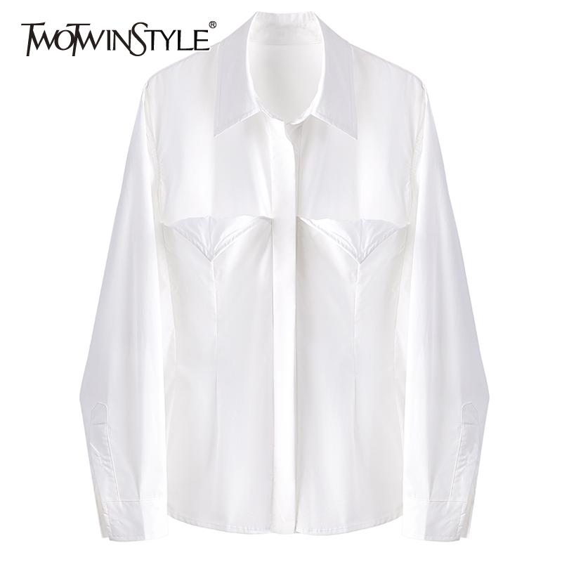 

White Fake Two Shirts For Women Lapel Long Sleeve Minimalist Casual Straight Blouses Female Spring Fashion 210524, Aspicture