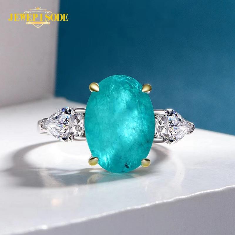 

Cluster Rings Jewepisode Oval Cut Simulated Moissanite Paraiba Tourmaline Gemstone Ring Solid 925 Sterling Silver Fine Jewelry For Women, Golden;silver