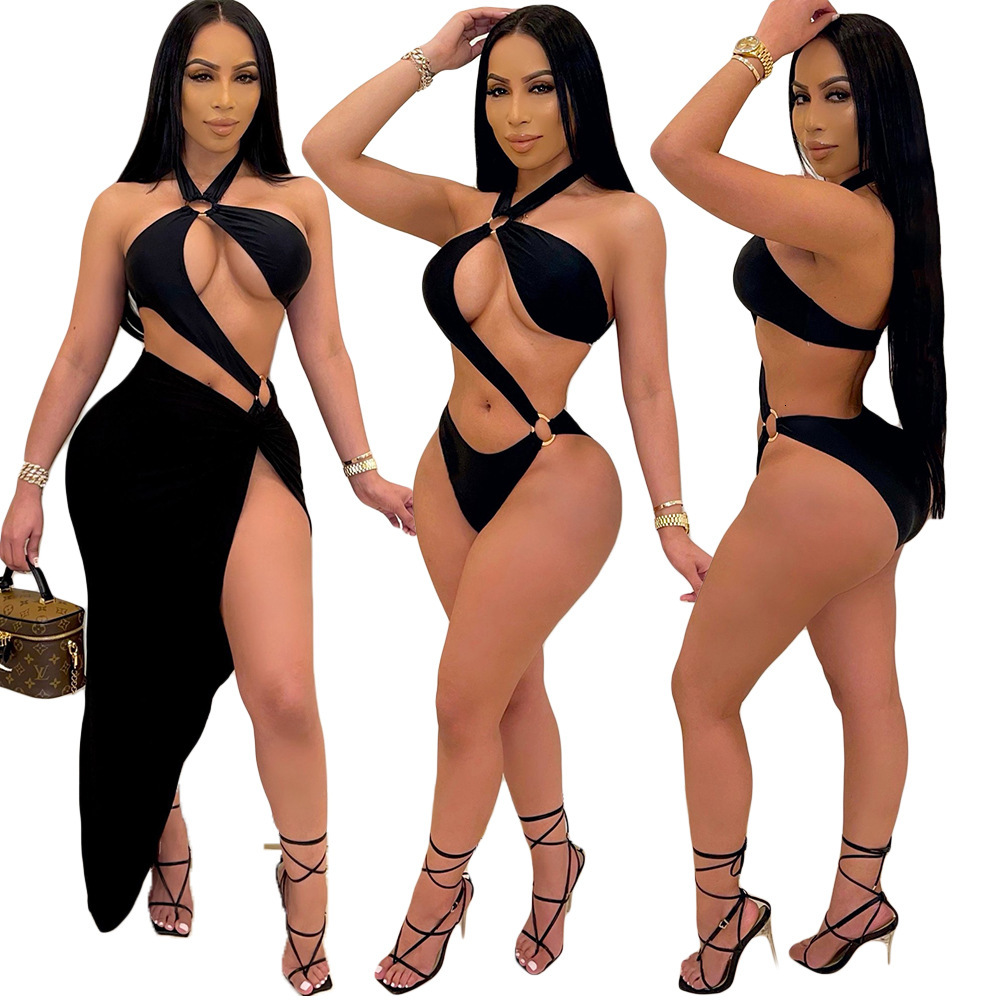 

Women's Cn0103 Sexy Swimsuit Solid Color Dress Nightclub Two Piece Suit, Black;gray