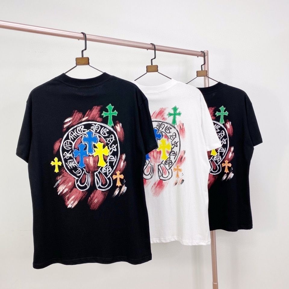 

21ss Summer Ch Crosin Color Cross Hand Painted Graffiti Print Crew Neck Short Sleeve Casual Loose Men's and Women's, White;black