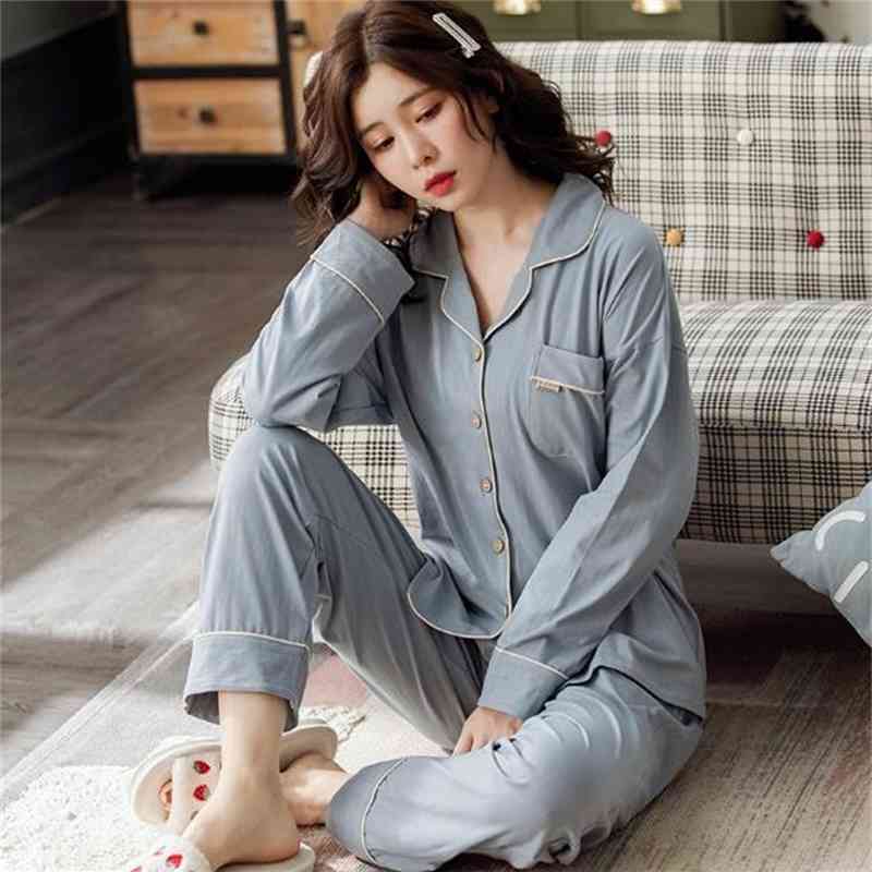 Women&#039;s Sleepwear High-grade pajamas women cotton long sleeve lapel sleepwear set cardigan top + trousers two piece suit plus size pijama mu-image-699908280