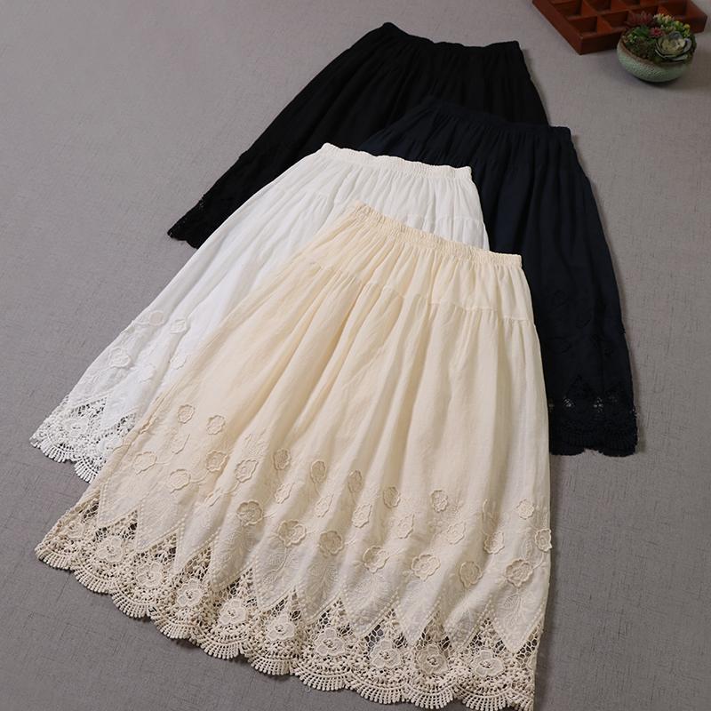 

Skirts Spring Women Cotton Skirt Mori Girl Three-dimensional Embroidery Hollow Lace Double Layer, Beige