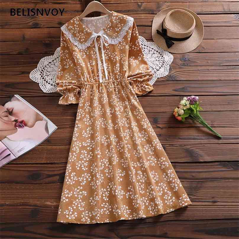 

Mori Girl Corduroy Cute Floral Printed Women Dresses Lace Peter Pan Collar Ribbon Midi Dress Autumn Spring Fashion Vestidos 210520, Pink