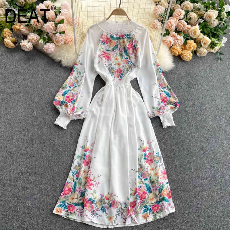 

Spring Arrivals Print Round Collar Puff Sleeve High Waist Loose Vintage Style A-line Dress MZ509 210525, White