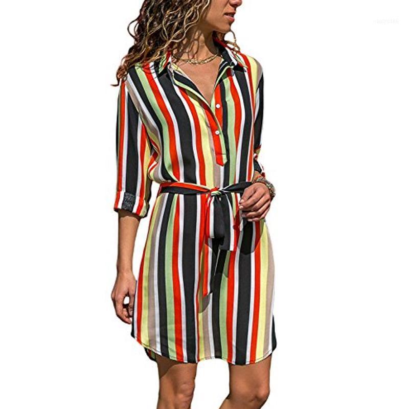 

Casual Dresses Women Dress 2021 Turn-down Collar Striped Shirt Female Sashes Long Sleeve Woman Autumn Ladies Robe Femme1, Black