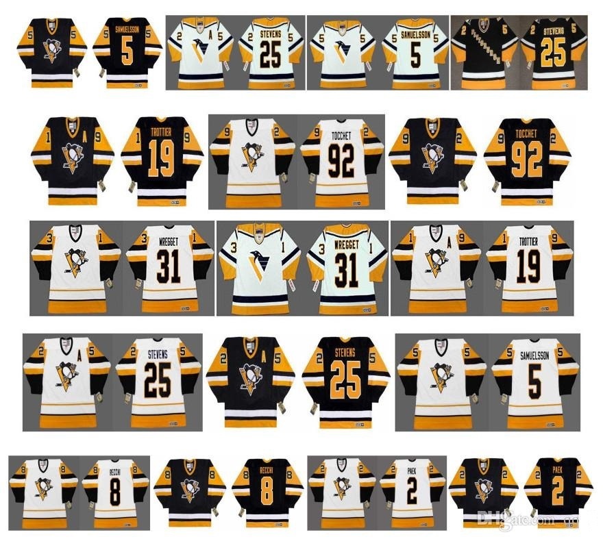 

vintage pittsburgh penguins jerseys 2 jim paek 31 ken wregget 19 bryan trottier 92 tocchet 25 keven stevens 5 samuelsson 8 recchi hockey, Black
