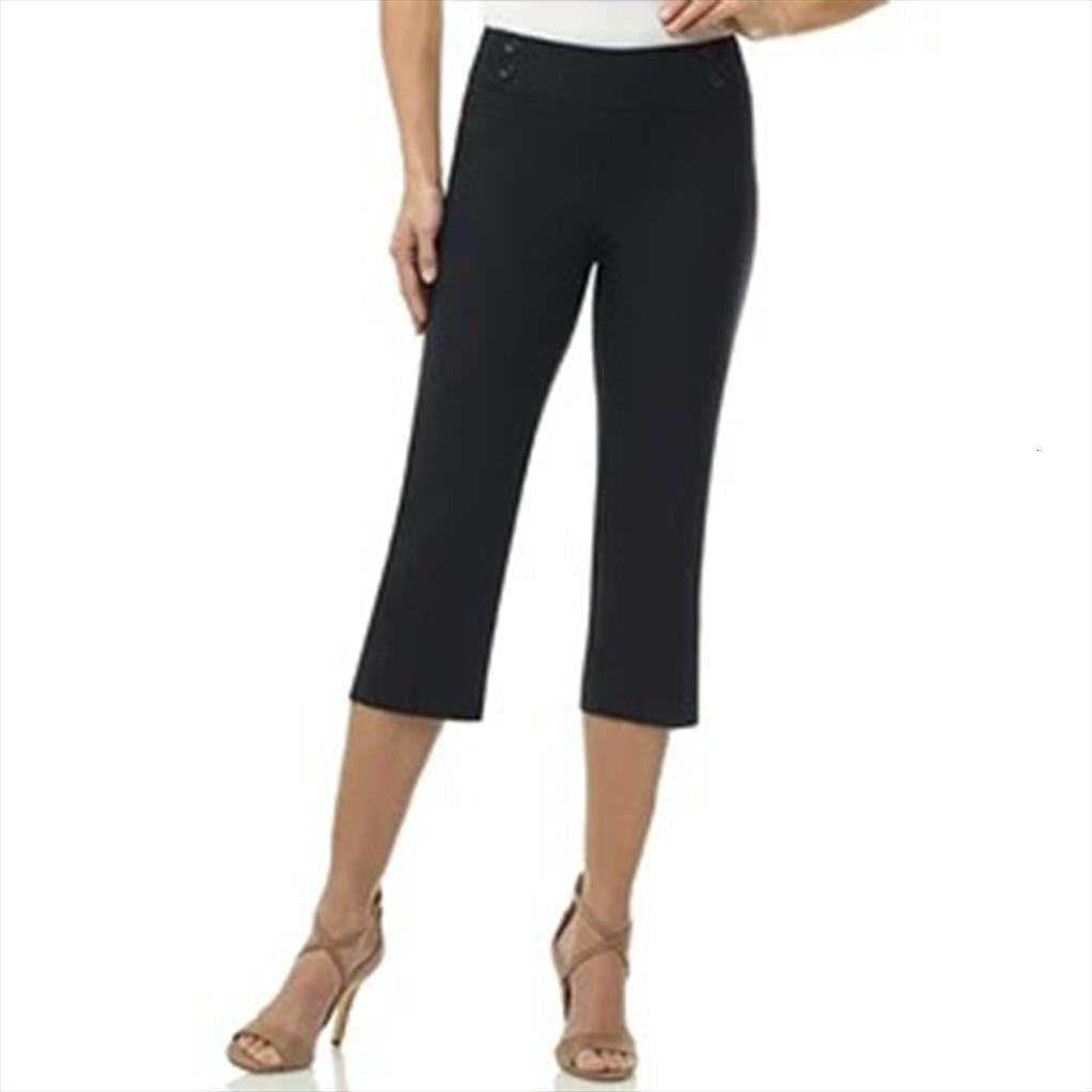 

cropped trousers comfort waist with women capri button commuter 40, Black;white