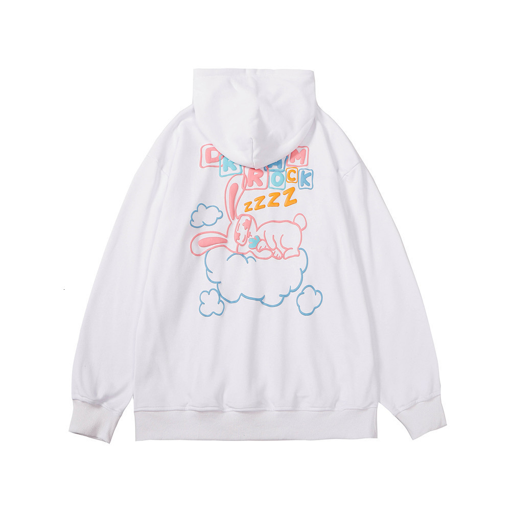 

Sweatshirts Cartoon rabbit print mens street fun trend loose couple Top Hoodie, White