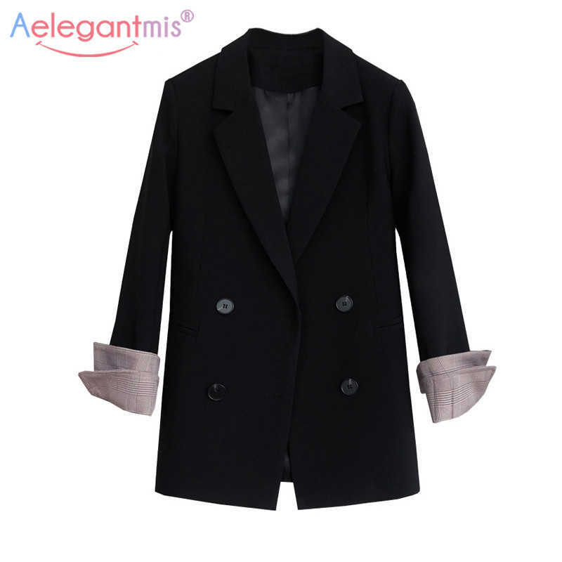 

Aelegantmis Vintage Double Breasted Women Blazers Jacket Office Lady Solid Loose Suit Coat Casual Button Blazer Outerwear 210607, Black