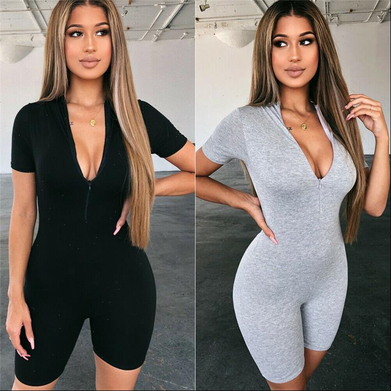 

women womens rompers ladies v neck skinny bodysuit fashion zipper up slim jumpsuit bodycon leisure short sleeve stretch solid leotard, Black;white
