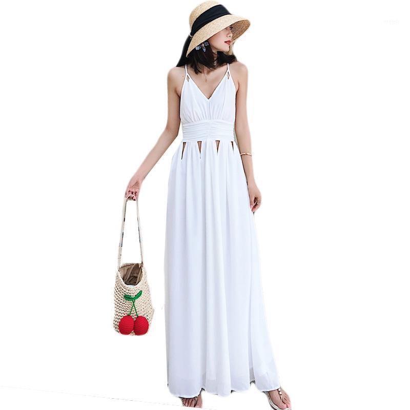 

#3987 Summer White A-line Beach Dress Women Sexy Backless Bohemian Sleeveless Spaghetti Strap Woman Long Hollow Out Casual Dresses