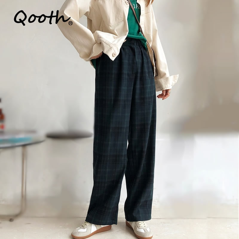 

Qooth Plaid Pants Retro All-Match Spring Trousers Loose and Thin Bottoms Casual Straight Trousers Female Long Trousers QT522 210518, Gray