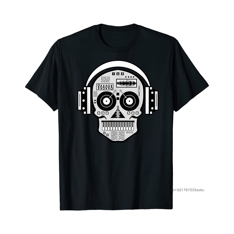 

DJ Tees Hipster Tops Men T-shirts Print Skull Disc Headphones Hip Hop Music TV Tshirt Summer Guys Funky Clothing 210707, Black