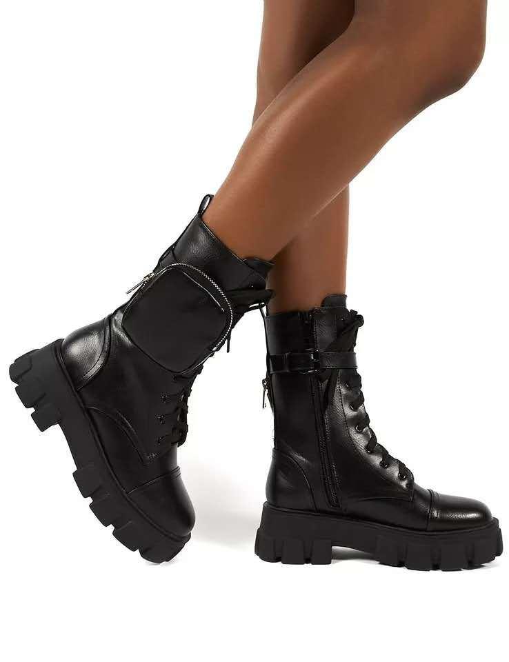 

Boots Shoes Style Mid Tube Zipper Women's Autumn Thick Heel Side Leather, Black