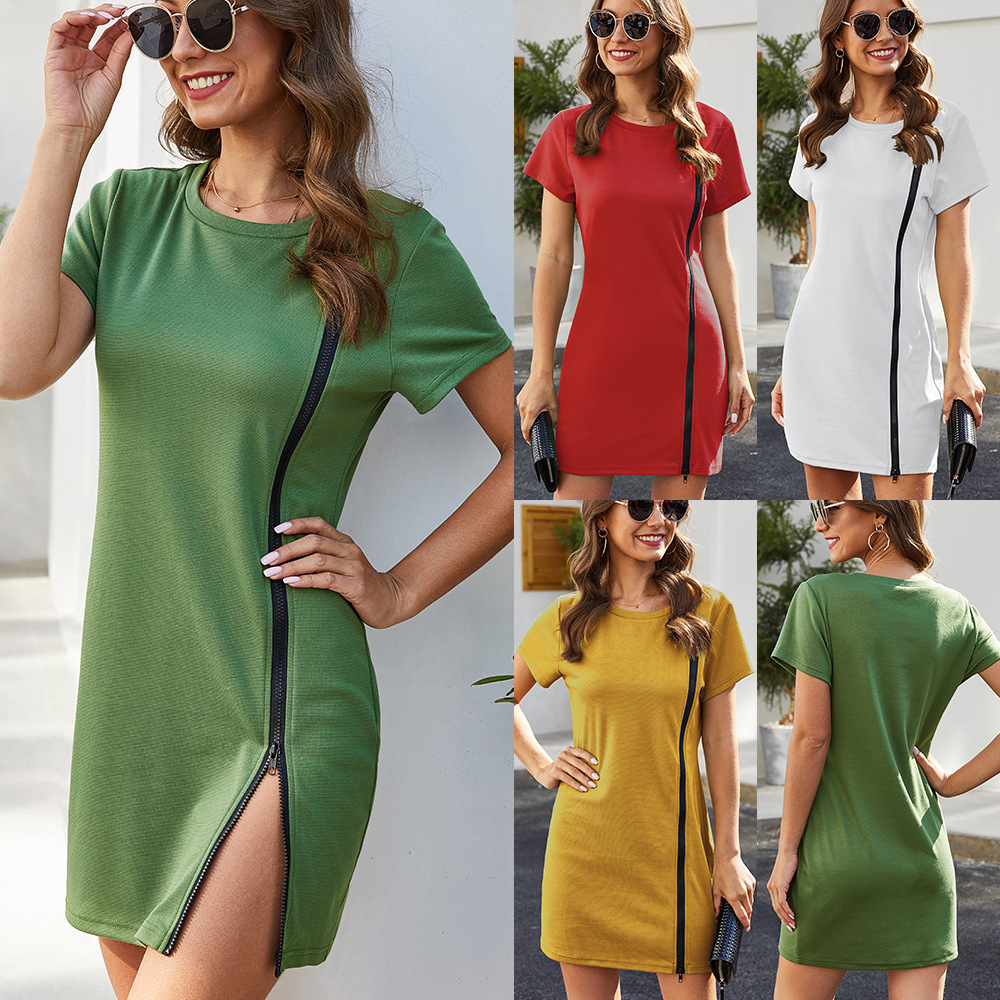

2021 Summer woman dress fashion sports runway casual round neck short sleeve stretch slim fit hip plus size white mini dress, Green