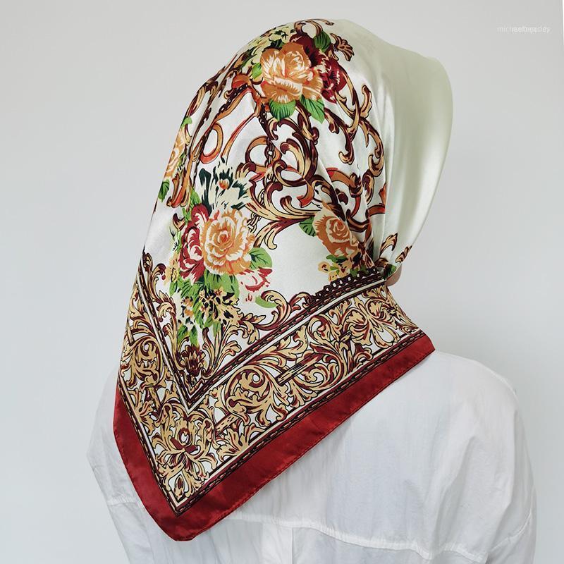 

Scarves Women Square Hijab Satin Silk Scarf Wrap Autumn Winter Sjaal Luxury Large Muslim Head 90*90cm1