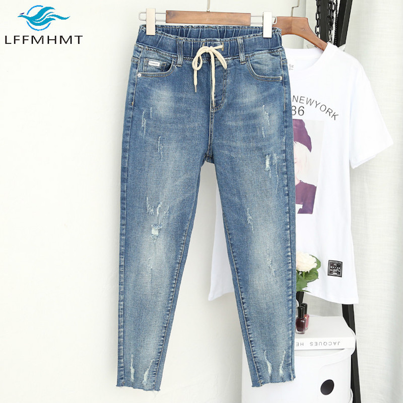 

Women Summer Autumn Large Size Elastic Waist Jeans Korea Style Ripped Pants Female 100KG Oversize Loose Harem Trousers Cloth, 6640 light blue