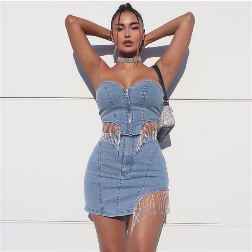 

denim two piece set suit women dress crop and jeans skirt fashion strapless tassel irregular nightclub outfits, White