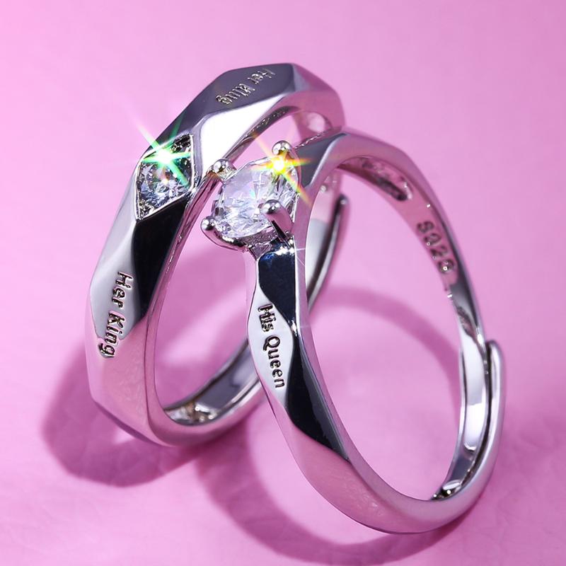 

Wedding Rings 2PCS/Set Copper Plated Silver Letter Her King His Queen Crystal Couple Ring Valentine Day Gift Wholesale, Slivery;golden