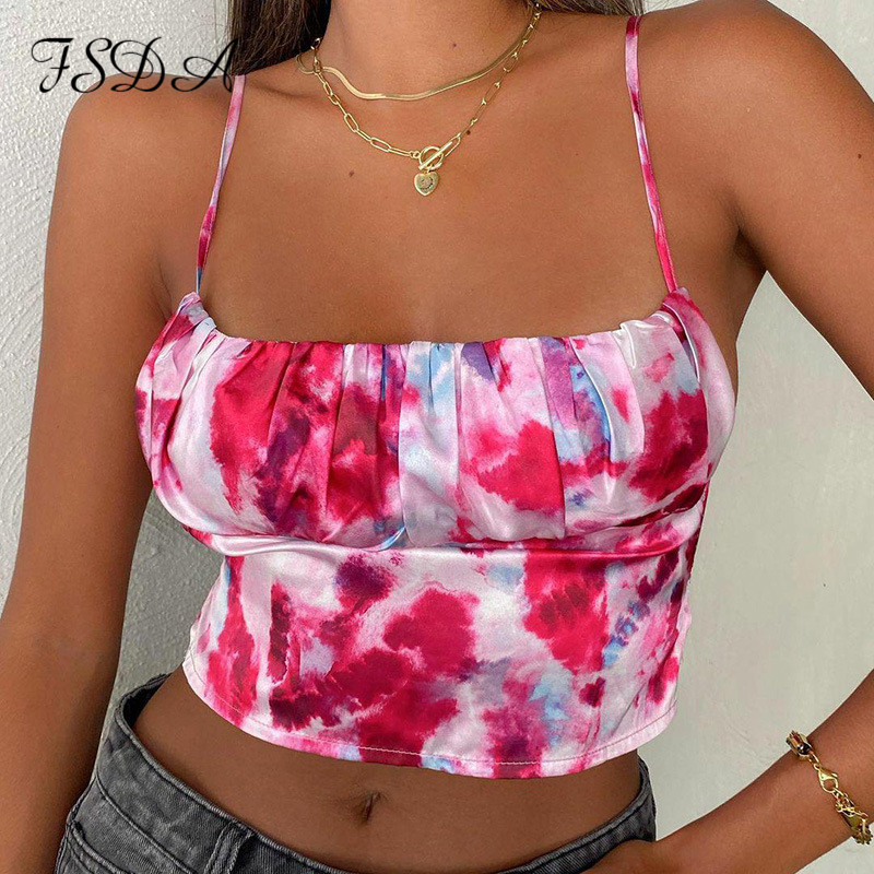 

2021 spaghetti strap print tube crop women backless summer bandage y2k off shoulder party tie dye casual tank high quality, White