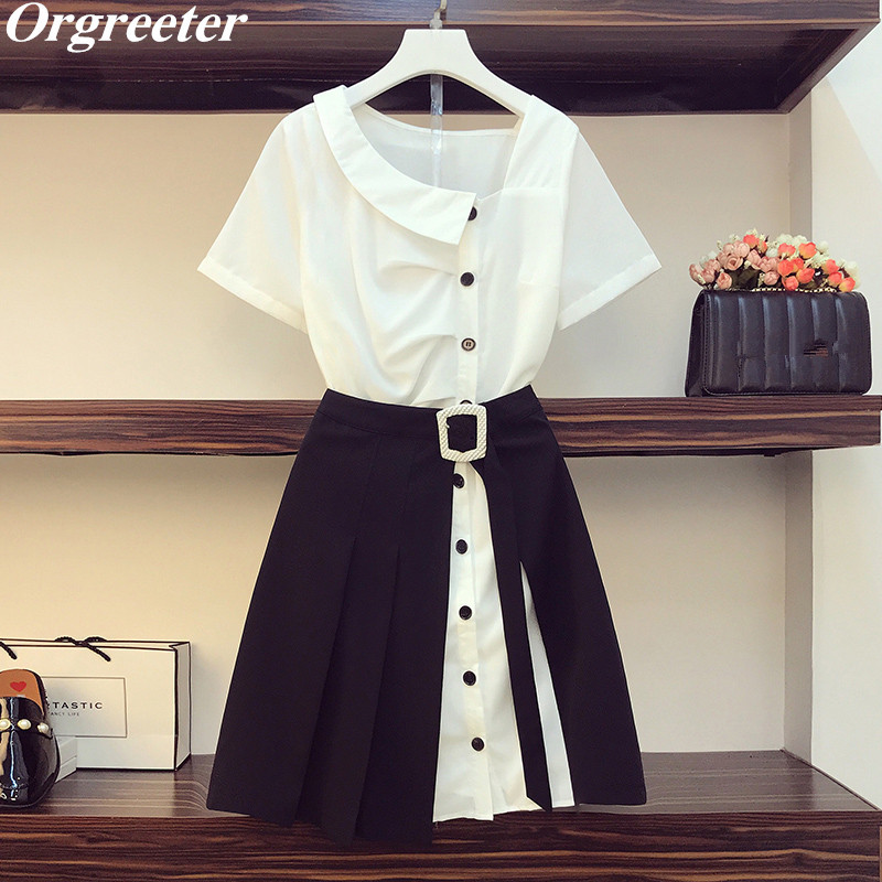 

Plus Size -4XL Casual Shirt Skirt Suits Summer Slash neck Ruched Button White Long and Lace-up Black A-line Set 210525