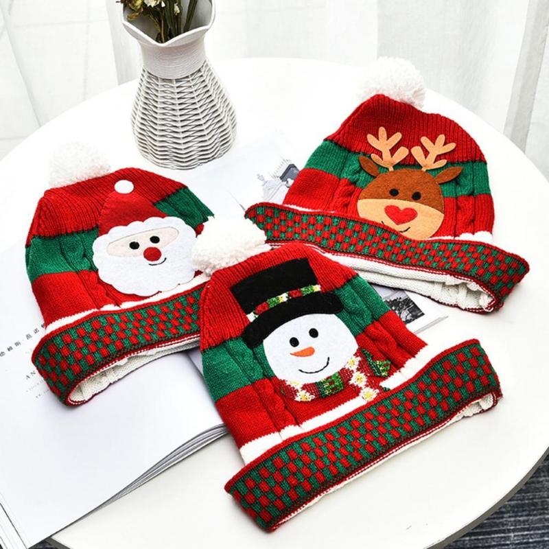 

Beanies Christmas Hat Elk Pattern Santa Claus Kids Adult Snowman Hats Plush Ball Knitted Beanie Year Party Gift