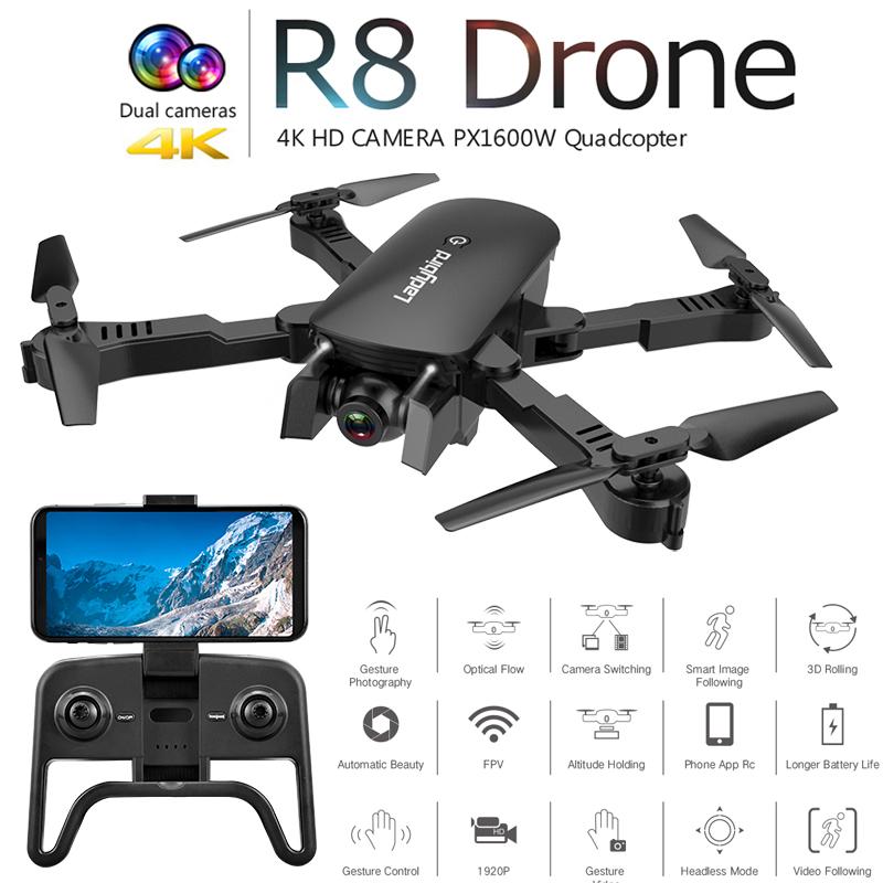 

R8 Min RC Drone With 4K HD Dual Camera Wifi FPV Quadcopter Foldable Drones Profissional Drone GPS Remote Control Helicopter, Black 720p dual camera