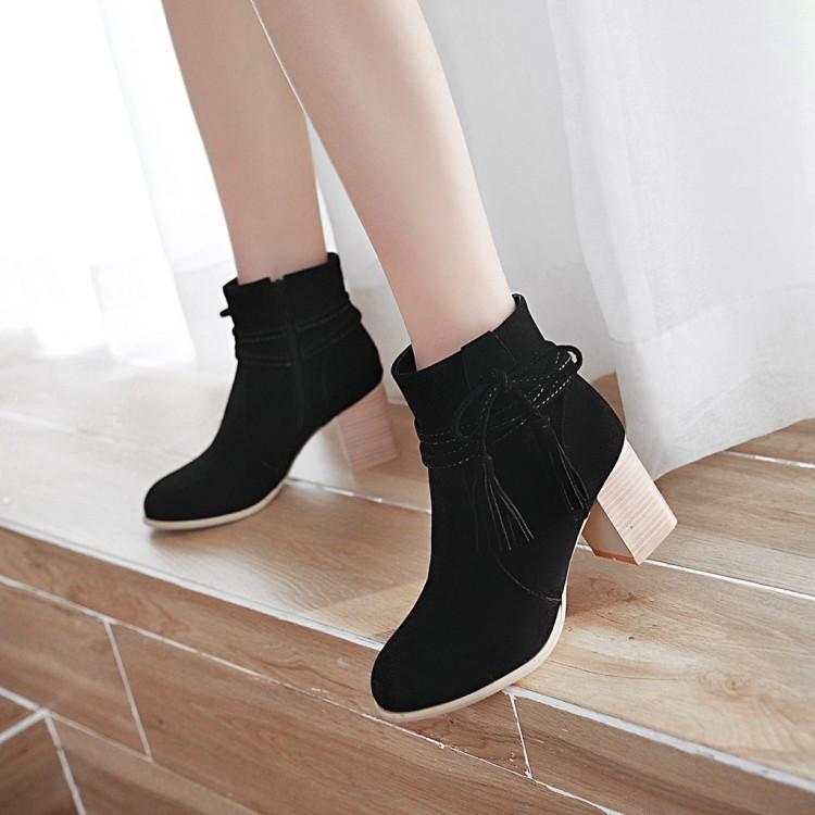 

Boots Big Size 9 10 11 12 Women Shoes Ankle For Ladies Bow Tie Fringe Side Zipper, Black