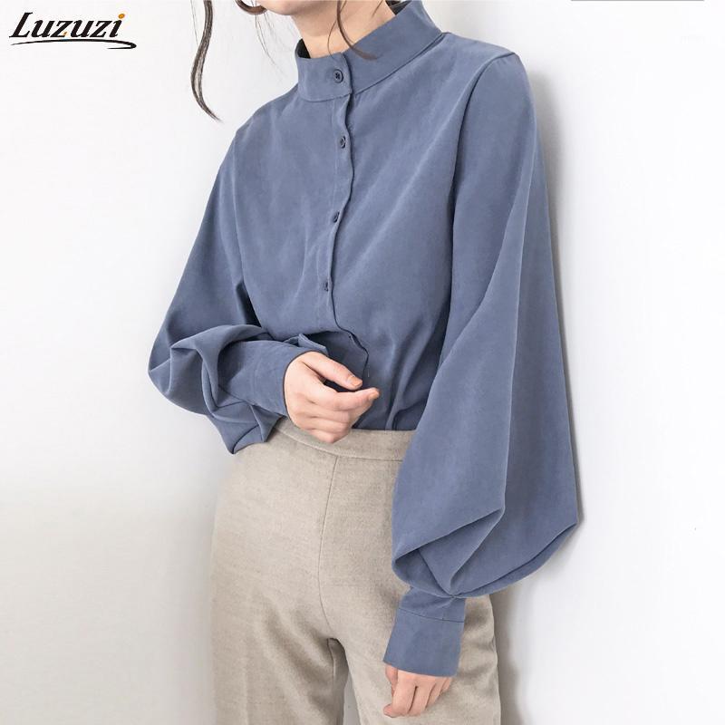 

Luzuzi Vintage Stand Collar Lantern Sleeve Women Blouses Tops Single Breasted Blouse Shirt Female Thick Loose Blusas Mujer Women' & Shirts, White shirt