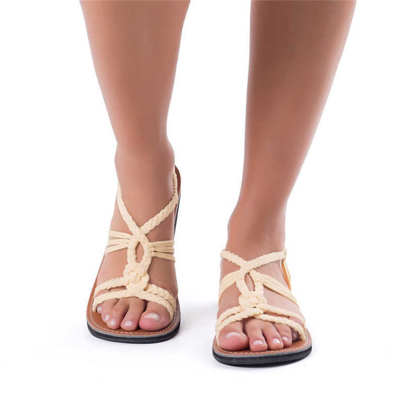 

COOTELILI Women Summer Sandals Slip On Fashion Flats Shoes Sandals New Fashion Sandal Flats Braided Rope Sandals Non-slip Basic Y0721, Beige