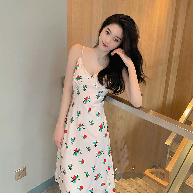 2021 Large Women&#039;s Rose Print Chiffon Drs Fat Mm Tibetan Meat V-neck Open Back Show Thin Suspender Skirt-image-702001639