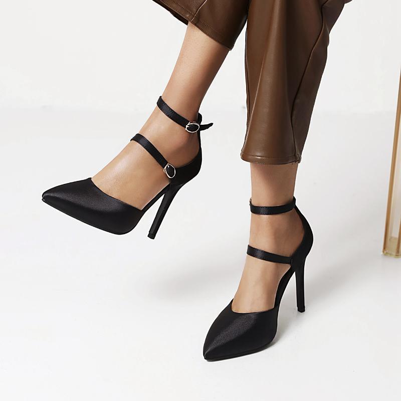 

All Melody Design Luxury Women Pumps 10.5cm High Thin Heels Office Career Party Pointed Toe Buckle Strap Solid Plus Size 43, Black