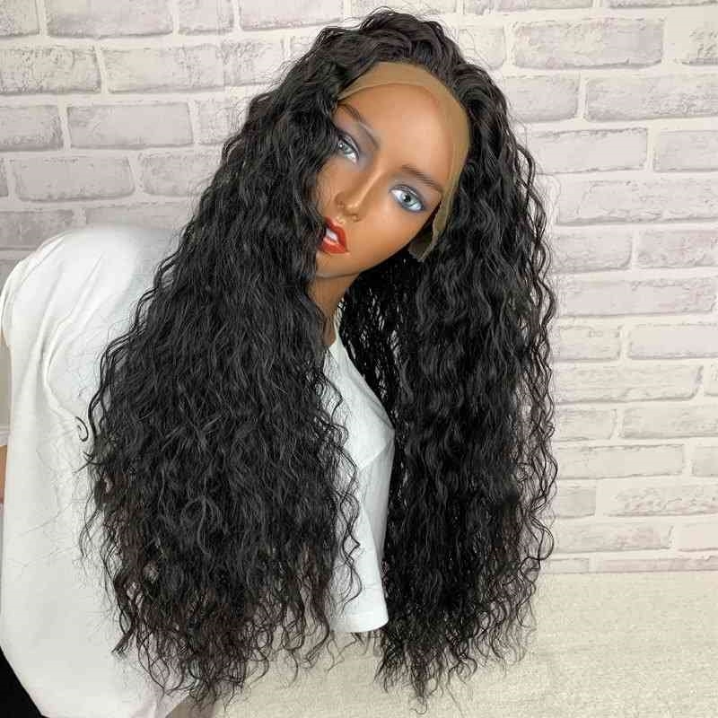 

long New pre female chemical fiber headset small curly Swiss lace wig, Black