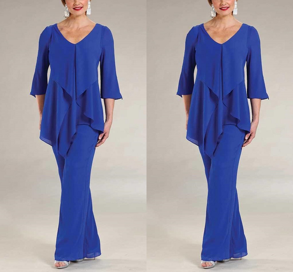 

Two Pieces Chiffon Pant Suits For Mother Groom Dresses Evening Dress Wear 3/4 Sleeves Long Plus Size Formal Party Gowns