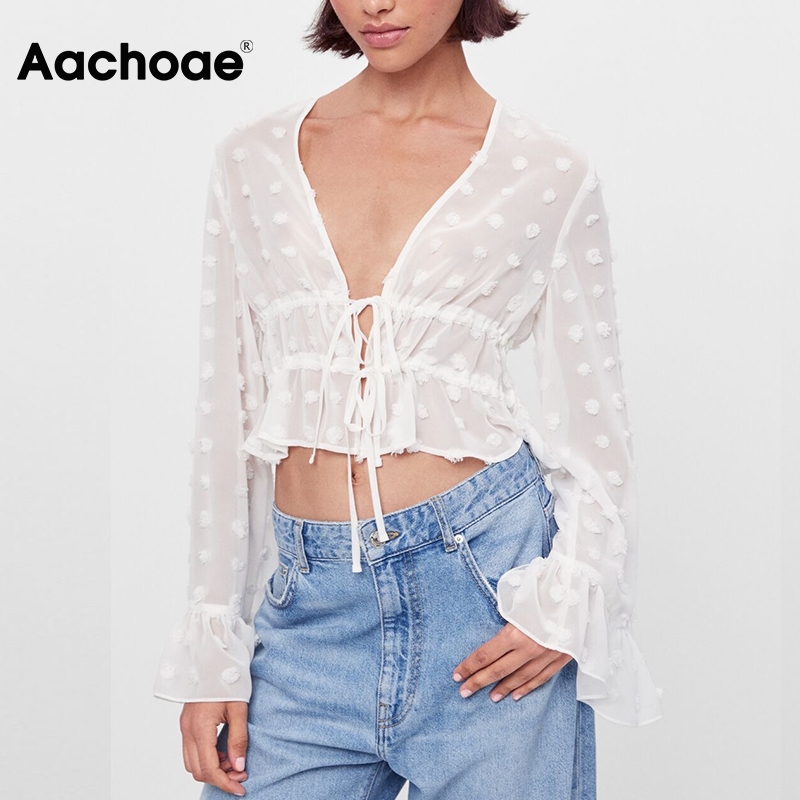 

Summer Beach White Blouse Shirt Women Sexy Deep V Neck Party Short Tops Dot Embroidery Chic Chiffon Blouse Ropa Mujer, Black;white