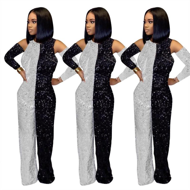 

Women' Jumpsuits & Rompers Black White Sequined Patchwork Womens Fashion Wide Leg Long Pants