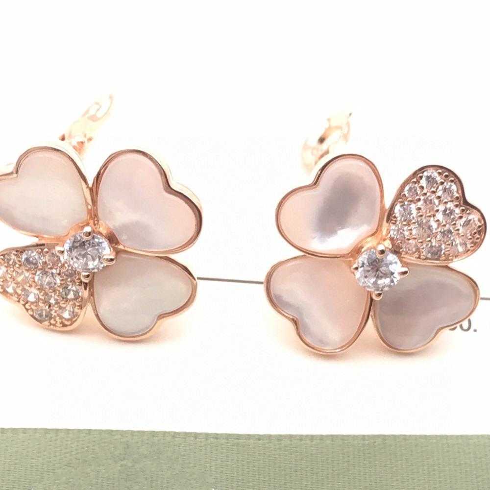 

Brand Pure 925 Sterling Silver Jewelry For Women Rose Gold Shell Flower Earrings Luck Clover Design Wedding Party Mini Cute Size
