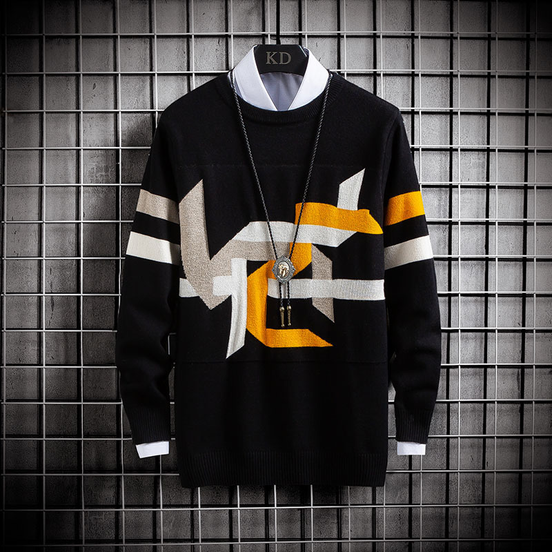 

sweater knit autumn and winter 2021 men's t shirt round neck pullover printed baseline youth wear, White;black