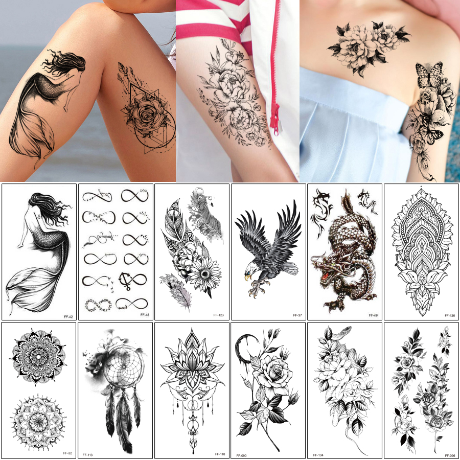 

9.5x20.5cm FF Lotus Flower Eagle Temporary Tattoo Design Body Makeup Transfer Paper Words Alphabet Snake Sticker for Kids Unisex Sexy