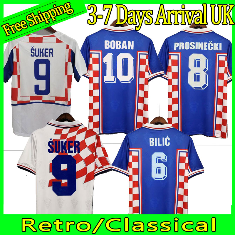 

1998 2002 World Cup retro Soccer Jerseys Suker BOBAN PROSINECKI 98 99 02 Classic Vintage Home Away Blue White BILIC MODRIC Hrvatska HNS Cust, 1998 away