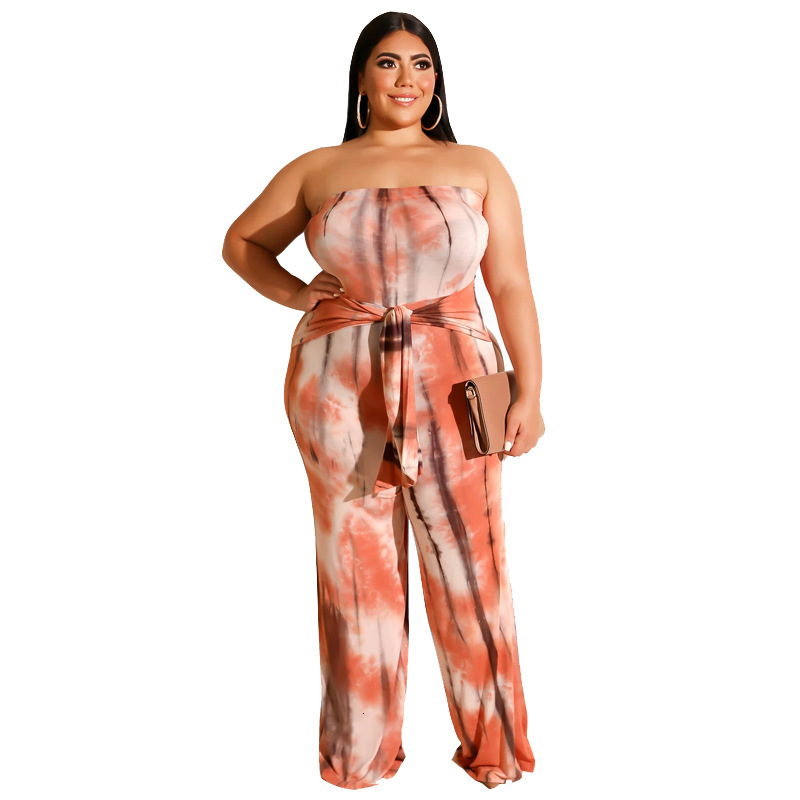Women Tie-Dye Printed Jumpsuits Sexy Nightclub Wear Female&#039;s Strapless Backless Lace-Up Straight-Leg Rompers Big Size XL-5XL-image-680532619