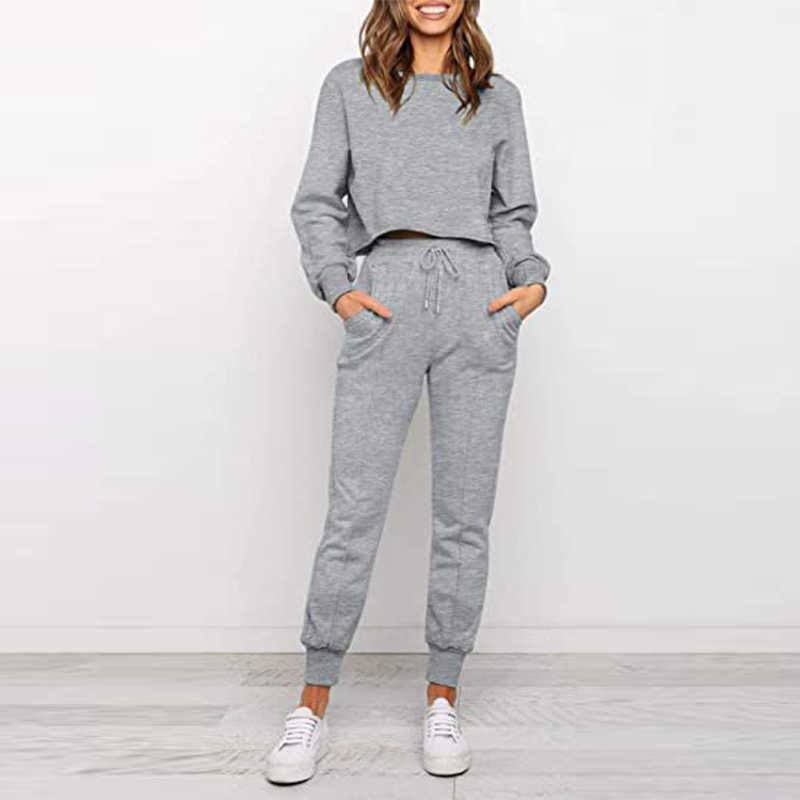 

Women Casual Solid Two Piece Sets Lantern Sleeve Pullover Crop Top And Lace Up Long Sweatpant Suits Female Streetwear Tracksuits 210709, Pink