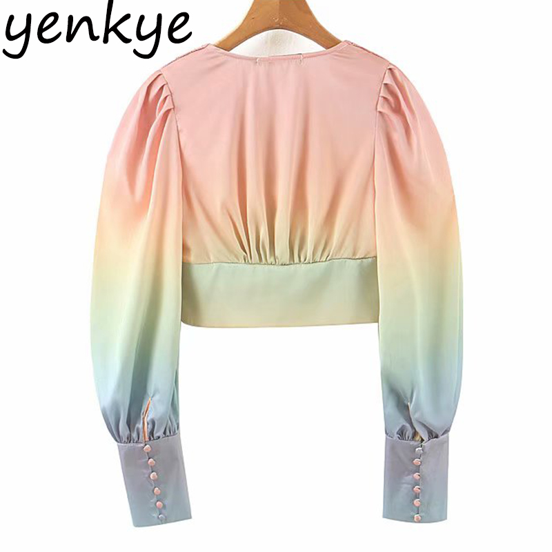 

Multicolor Gradient Blouse Shirt Women Lantern Sleeve V Neck Streetwear Crop Top Chemise Femme Summer Chiffon Blouses blusas, White