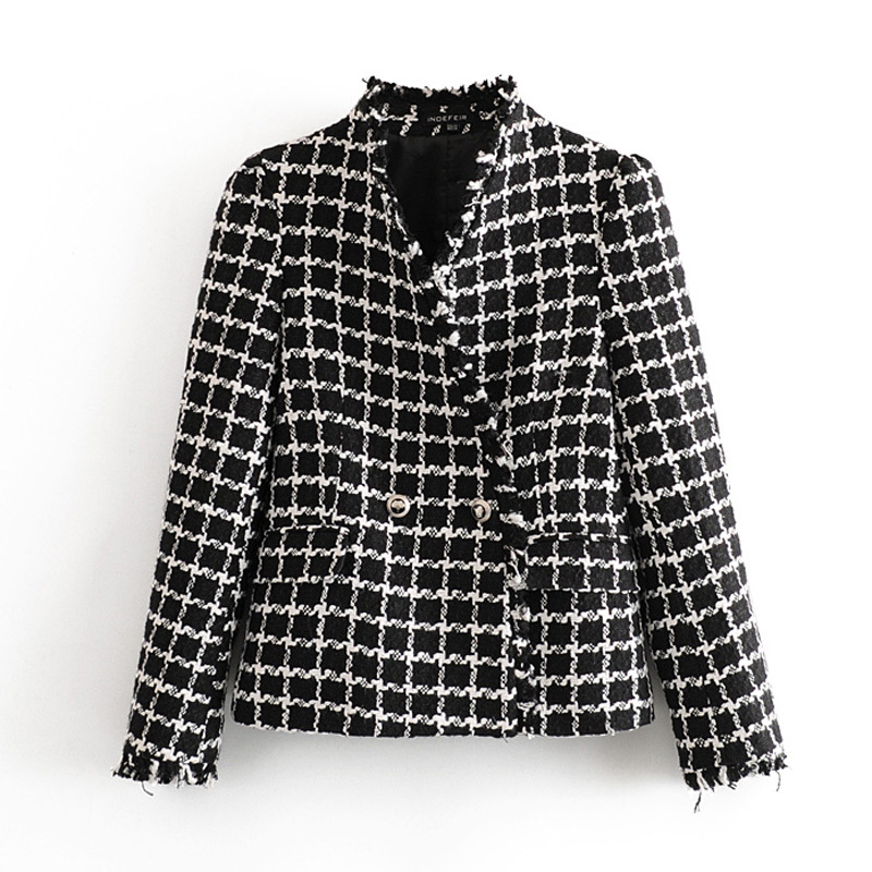 

Vintage Tweed Plaid Jackets Women Fashion Casual V Neck Coats Elegant Ladies Double Breasted Outerwear 210520, Pic