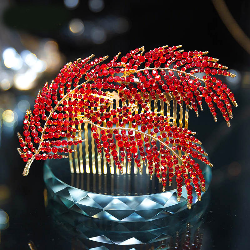 

KMVEXO Red White Crystal Wedding Bride Bridal 2019 Feather Comb Head Pieces Hair Pins Jewelry Accessories