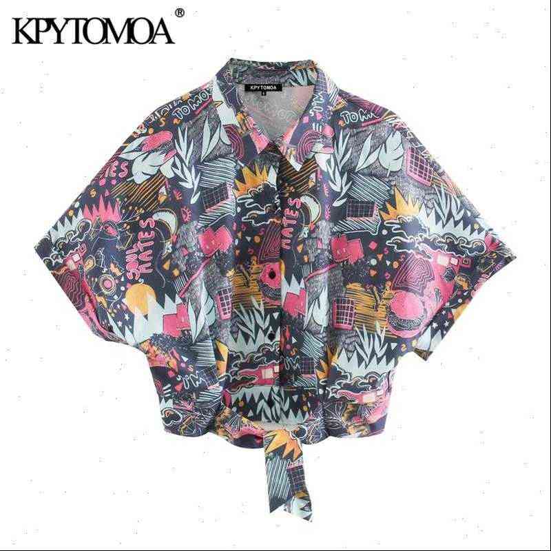 

womens shirts kpytomoa women fashion printed bow tied cropped blouses vintage lapel collar short sleeve female blusas chic, White