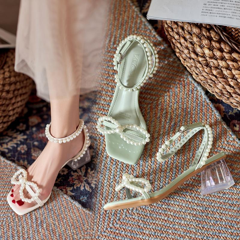 Sandales arc chaussures carrée poignée de perles costume femme beige clear talons boucle de boucle 2021 été Med Med Black Mode Low Confort Girls