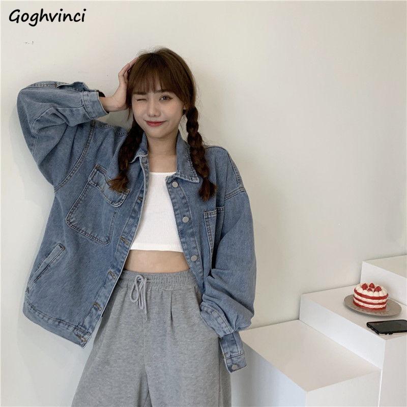 

Denim Blue Turn-down Collar Women Basic Jackets Korean Style Single Breasted Vintage Streetwear Retro Tops All-match Casual Chic Women's, Black;brown